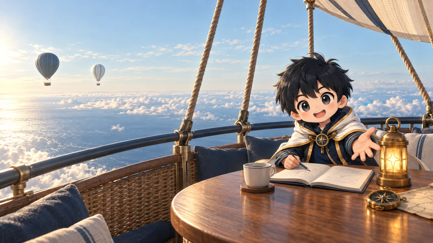 気球の机でノートを開き、手を差し伸べるAIパクくん。ともにつくる相棒のイメージ。